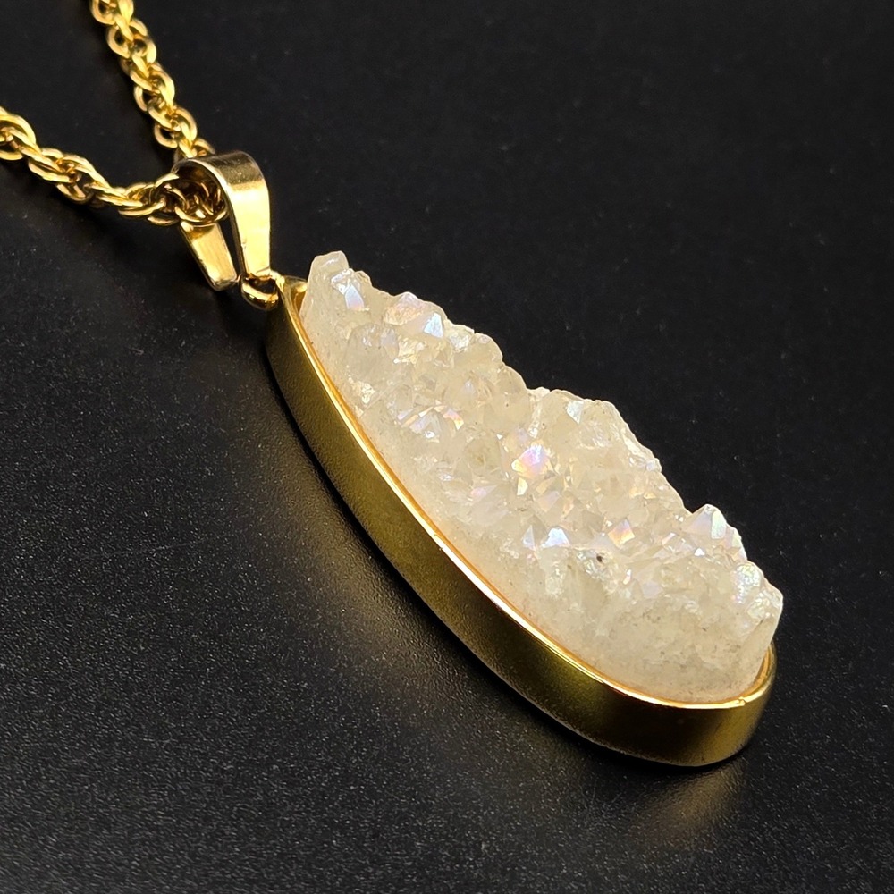 Kinsley Armelle Gold Tone Iridescent White Druzy Quartz Teardrop Necklace